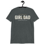 Man wearing forest green Girl Dad shirt sitting in cozy living room lifestyle mockup