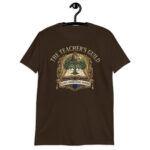 Navy Vintage Teacher T-Shirt with an owl, open book, growing tree, and academic guild crest
