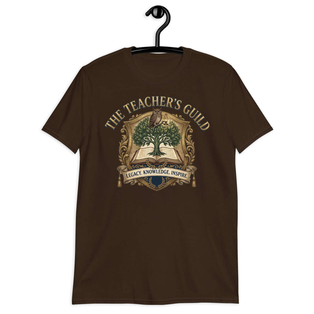 Navy Vintage Teacher T-Shirt with an owl, open book, growing tree, and academic guild crest