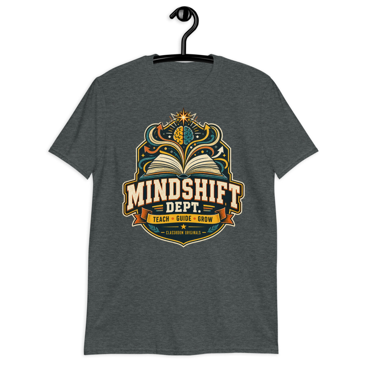 unisex-basic-softstyle-t-shirt-dark-heather-front-6a80c843ce856.jpg Front view of black Teacher T-Shirt featuring the Mindshift Dept Teach Guide Grow artwork