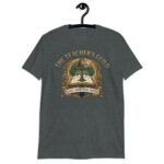 Navy Vintage Teacher T-Shirt with an owl, open book, growing tree, and academic guild crest