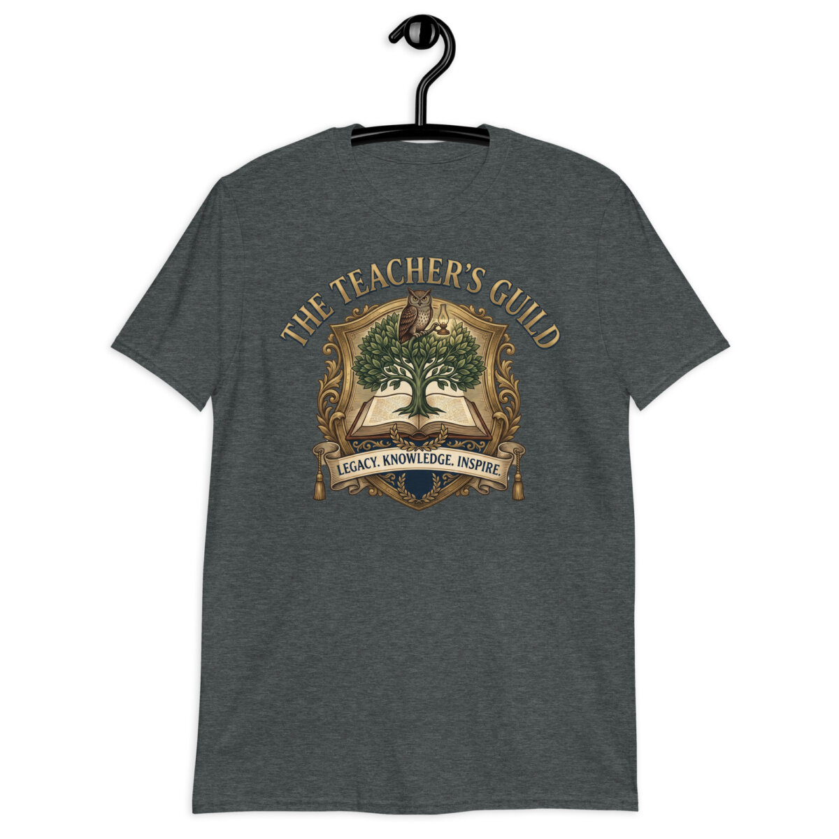 Navy Vintage Teacher T-Shirt with an owl, open book, growing tree, and academic guild crest