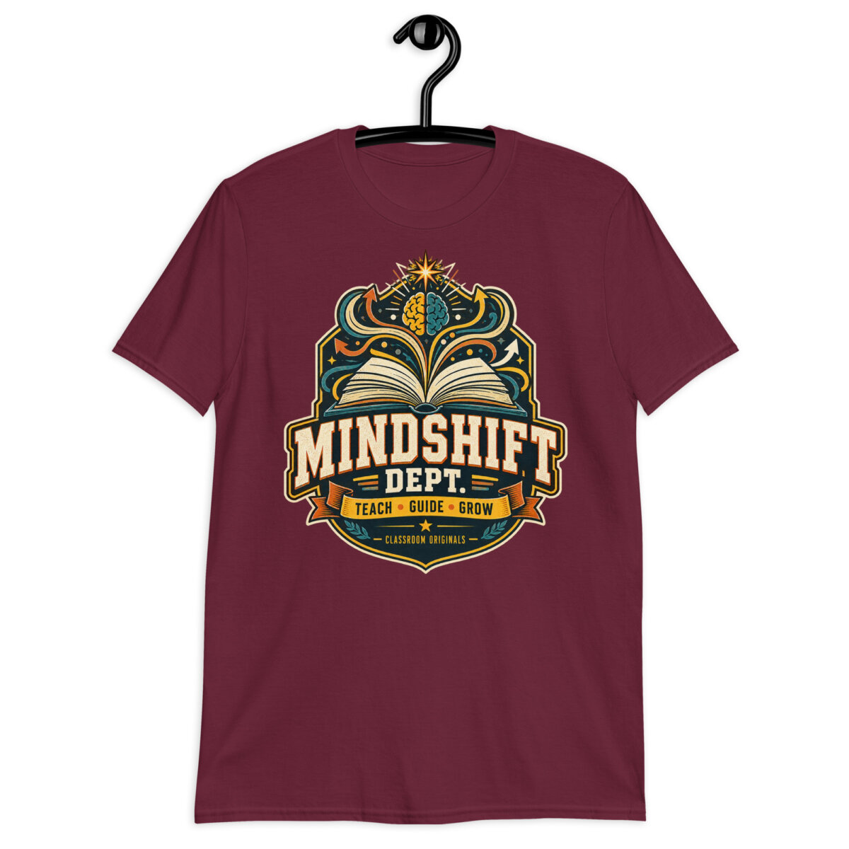 unisex-basic-softstyle-t-shirt-maroon-front-6a80c843cdbfa.jpg Male teacher wearing a black Mindshift Dept Teacher T-Shirt in a classroom