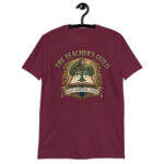 Navy Vintage Teacher T-Shirt with an owl, open book, growing tree, and academic guild crest