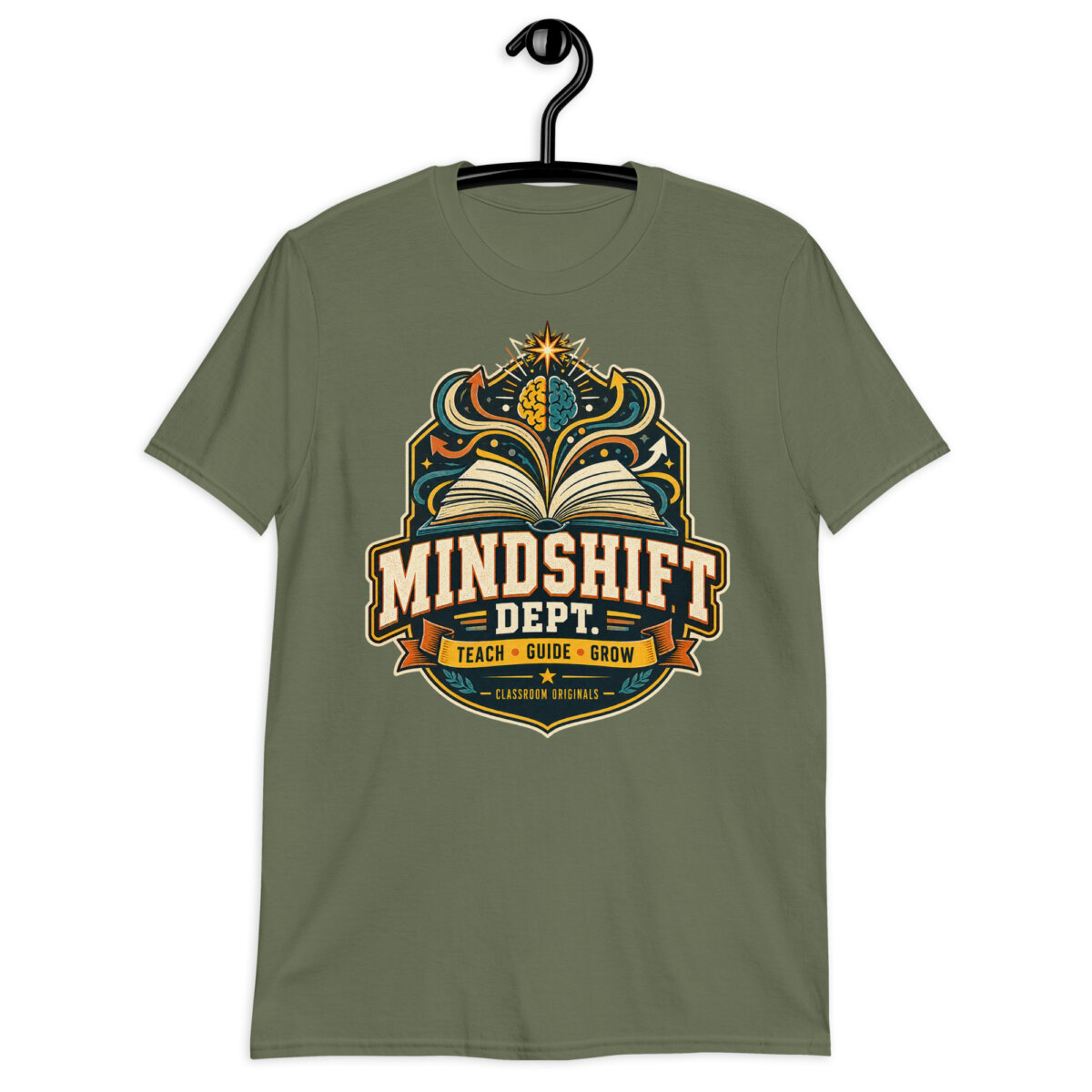 unisex-basic-softstyle-t-shirt-military-green-front-6a80c843cf95b.jpg Front view of black Teacher T-Shirt featuring the Mindshift Dept Teach Guide Grow artwork
