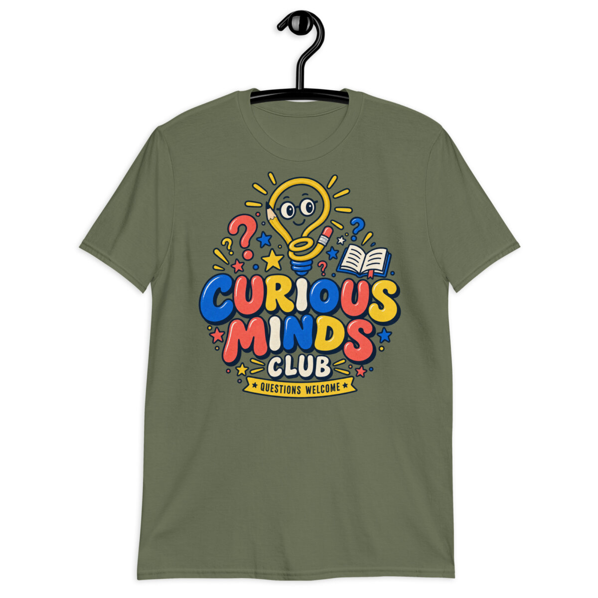 White Curious Minds Club Teacher T-Shirt with a colorful Questions Welcome design