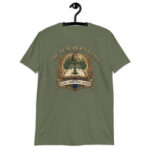 Navy Vintage Teacher T-Shirt with an owl, open book, growing tree, and academic guild crest