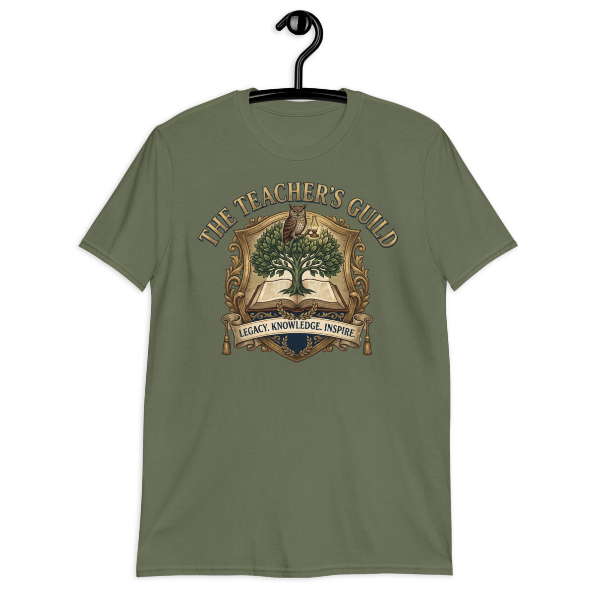 Navy Vintage Teacher T-Shirt with an owl, open book, growing tree, and academic guild crest