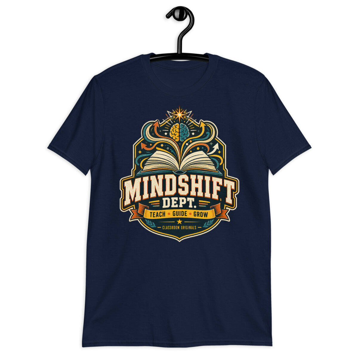 unisex-basic-softstyle-t-shirt-navy-front-6a80c843cd0f8.jpg Male teacher wearing a black Mindshift Dept Teacher T-Shirt in a classroom