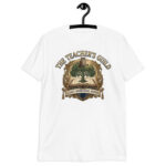 Navy Vintage Teacher T-Shirt with an owl, open book, growing tree, and academic guild crest