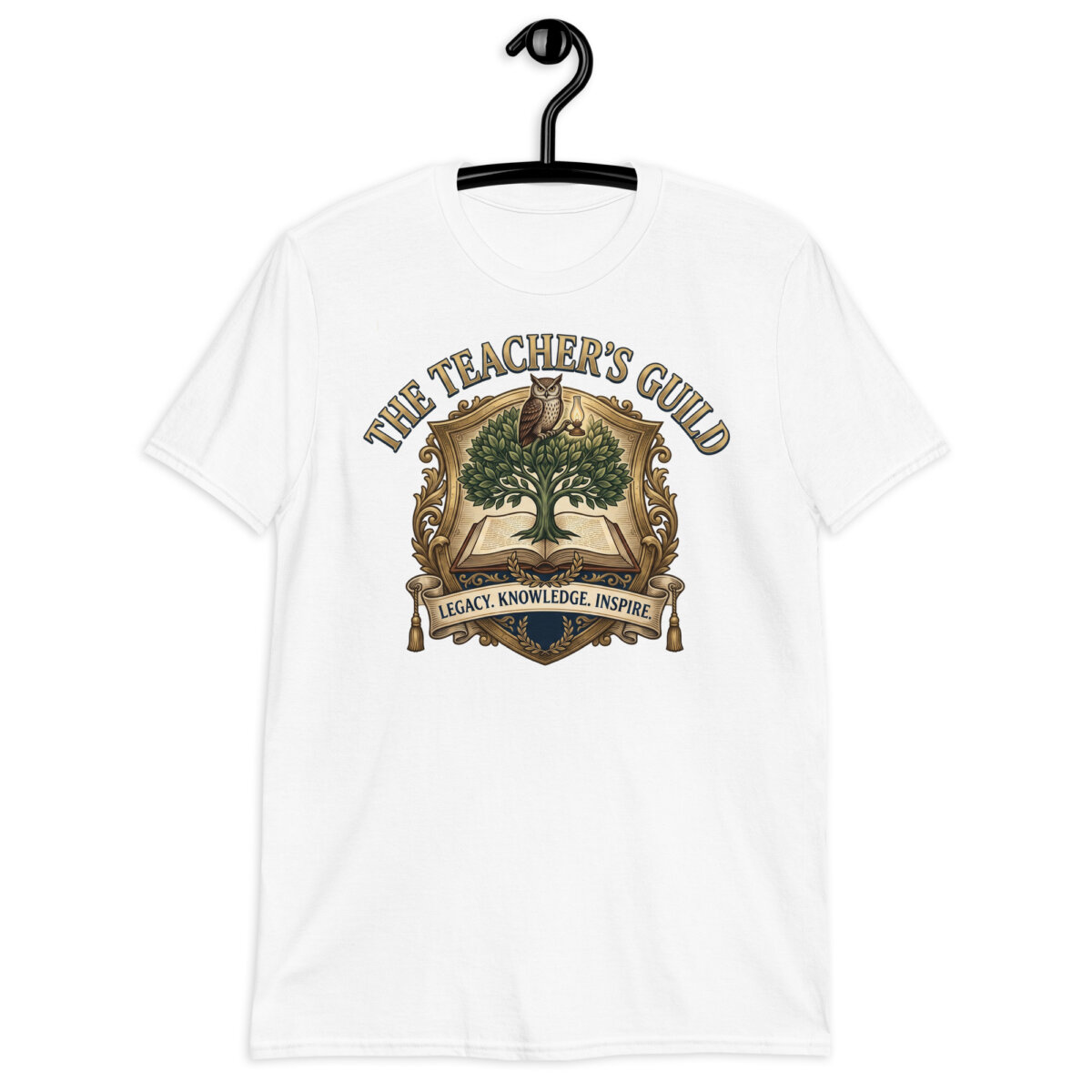 Navy Vintage Teacher T-Shirt with an owl, open book, growing tree, and academic guild crest
