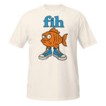 Fih Shirt design featuring an orange cartoon fish wearing blue high-top sneakers beneath blue fih lettering.