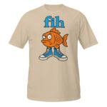 Fih Shirt design featuring an orange cartoon fish wearing blue high-top sneakers beneath blue fih lettering.