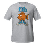 Fih Shirt design featuring an orange cartoon fish wearing blue high-top sneakers beneath blue fih lettering.