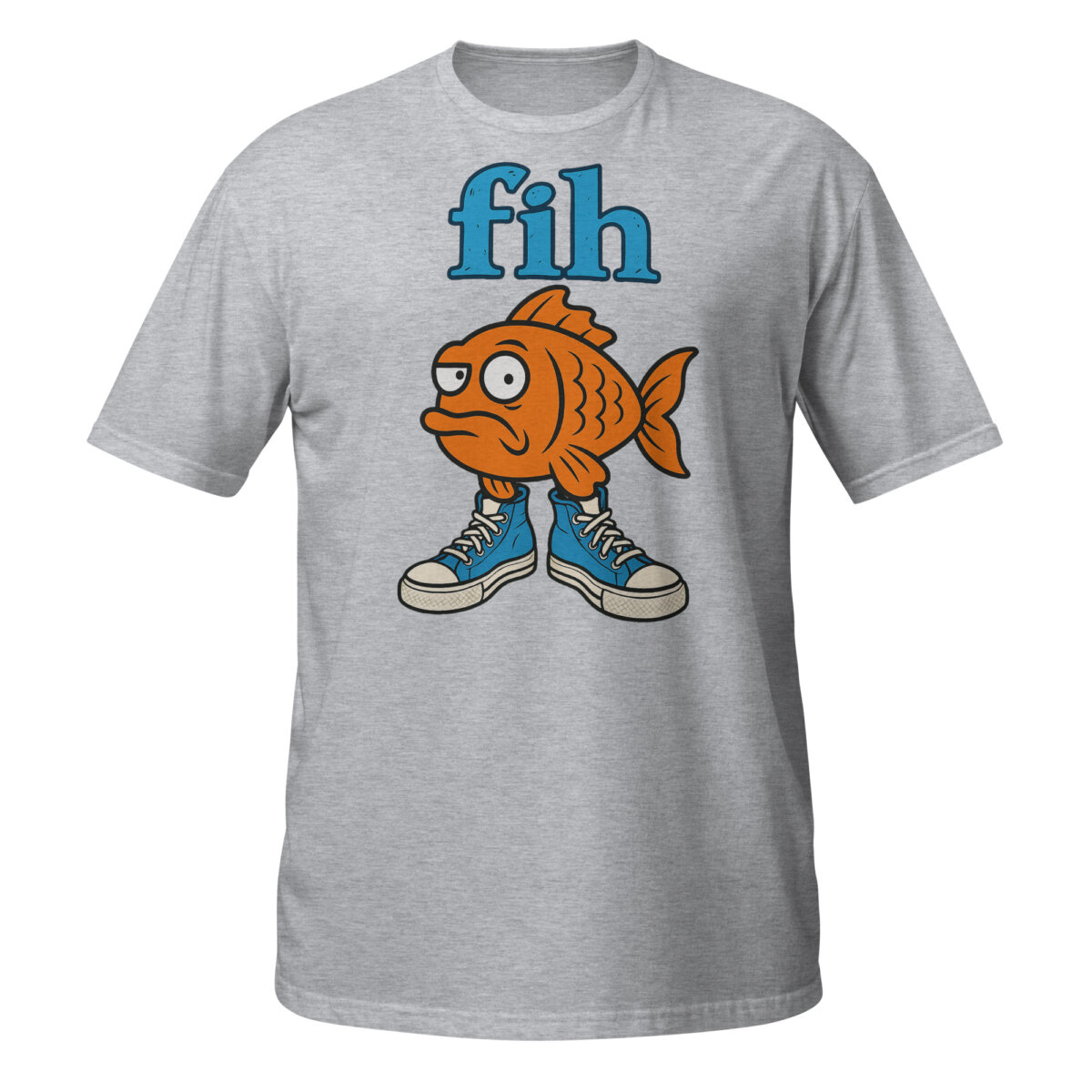 unisex-basic-softstyle-t-shirt-sport-grey-front-6aaaeb4b37bcf.jpg Fih Shirt design featuring an orange cartoon fish wearing blue high-top sneakers beneath blue fih lettering.