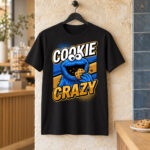Black Cookie Monster Shirt with white COOKIE lettering, gold CRAZY lettering, and Cookie Monster eating a chocolate chip cookie.
