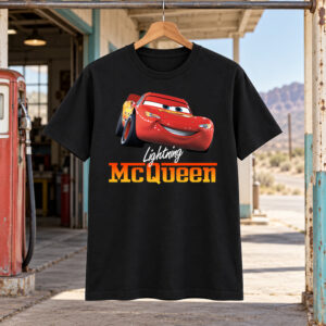 Black Lightning McQueen Shirt featuring the red Cars racer above white Lightning script and orange-and-gold McQueen lettering.