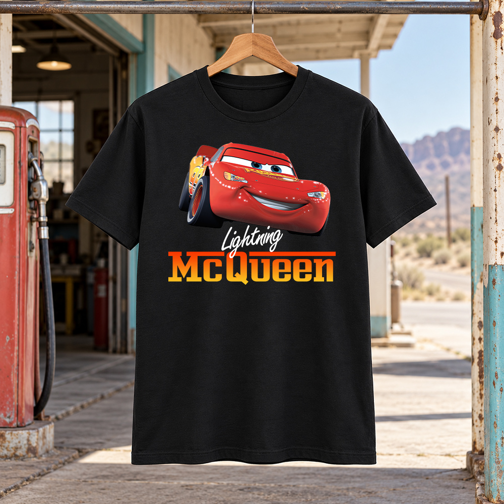 Lightning McQueen Black Lightning McQueen Shirt featuring the red Cars racer above white Lightning script and orange-and-gold McQueen lettering.