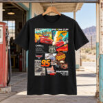 Black Lightning McQueen Shirt featuring a colorful Cars collage with Mater, Route 66, and a large number 95.