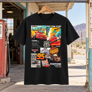 Black Lightning McQueen Shirt featuring a colorful Cars collage with Mater, Route 66, and a large number 95.
