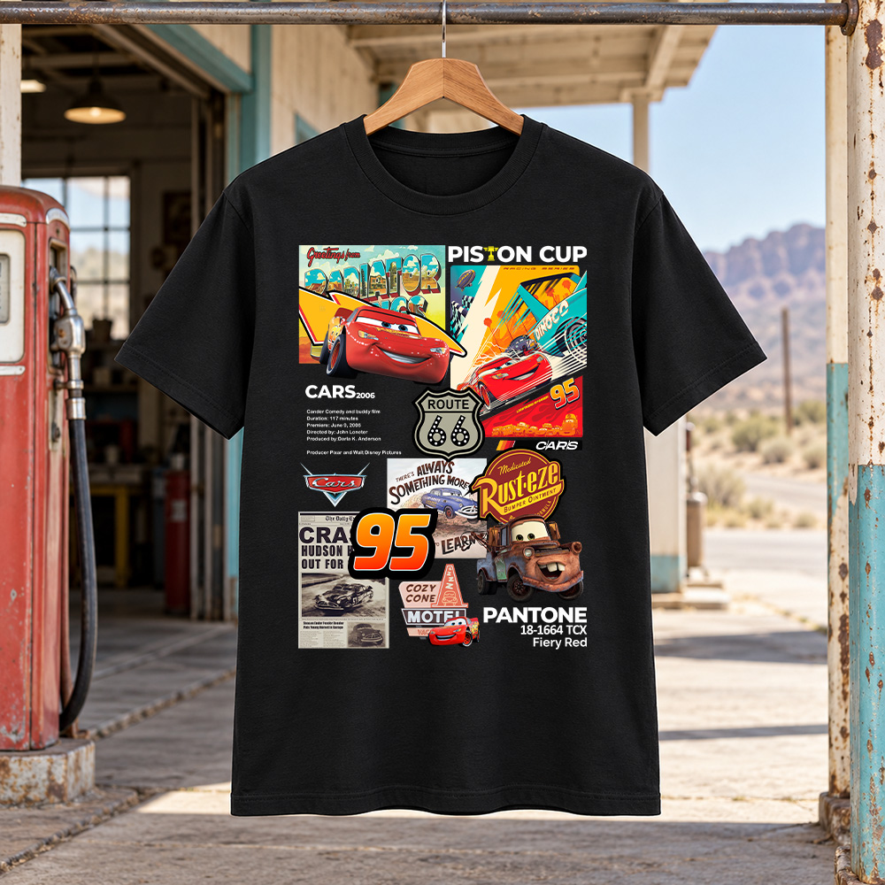 Lightning McQueen Shirt Black Lightning McQueen Shirt featuring a colorful Cars collage with Mater, Route 66, and a large number 95.