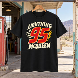 Black Lightning McQueen Shirt with a red number 95, cream lettering, a checkered flag, and a gold lightning bolt.