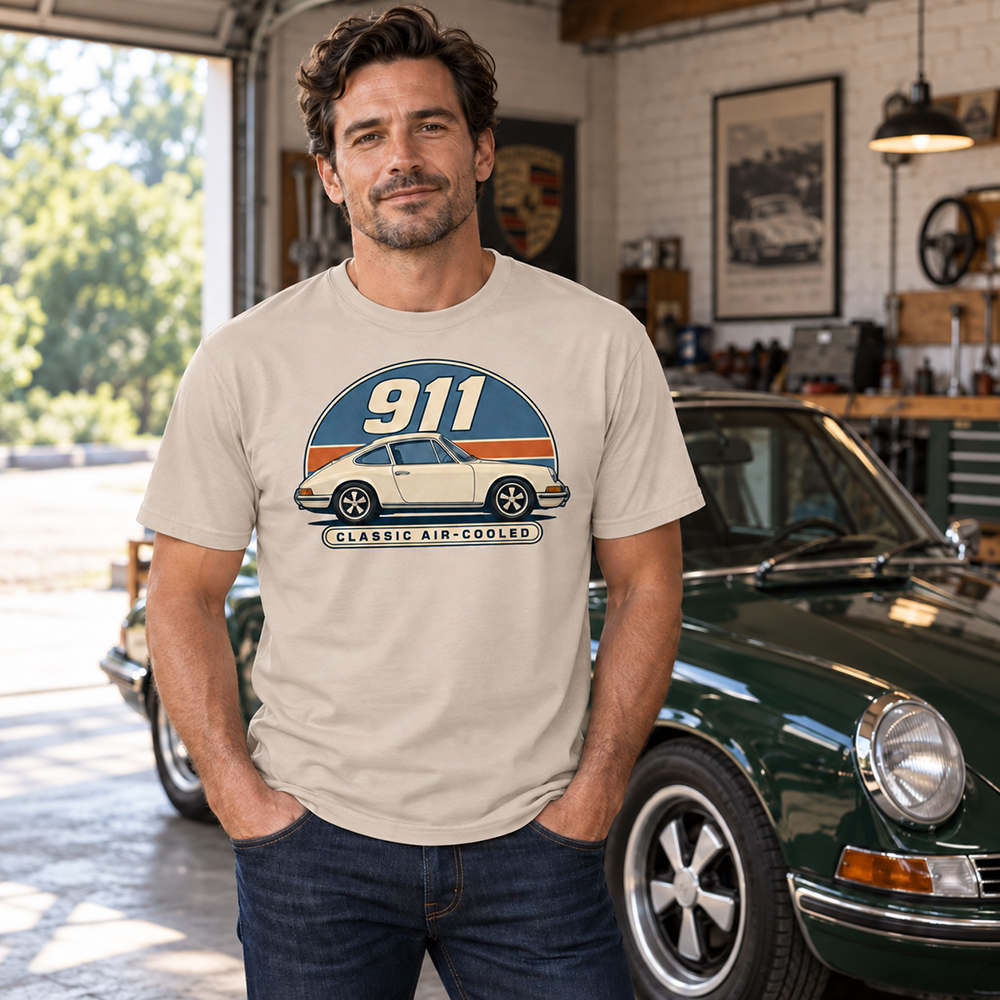 Porsche 911 Shirt Porsche 911 Shirt in Natural featuring an ivory classic car, bold 911 lettering, a blue and orange retro badge, and Classic Air-Cooled text.