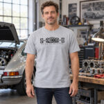 Porsche 911 Shirt in Sport Grey with a black boxer engine graphic and Flat Is Better lettering across the chest.