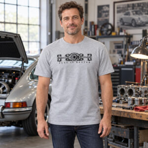 Porsche 911 Shirt in Sport Grey with a black boxer engine graphic and Flat Is Better lettering across the chest.