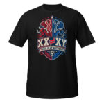 Black XX XY shirt featuring a red and blue sports shield, running figures, and Fair Play Matters text