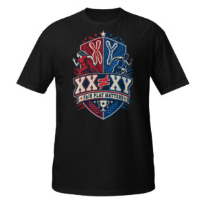 Black XX XY shirt featuring a red and blue sports shield, running figures, and Fair Play Matters text