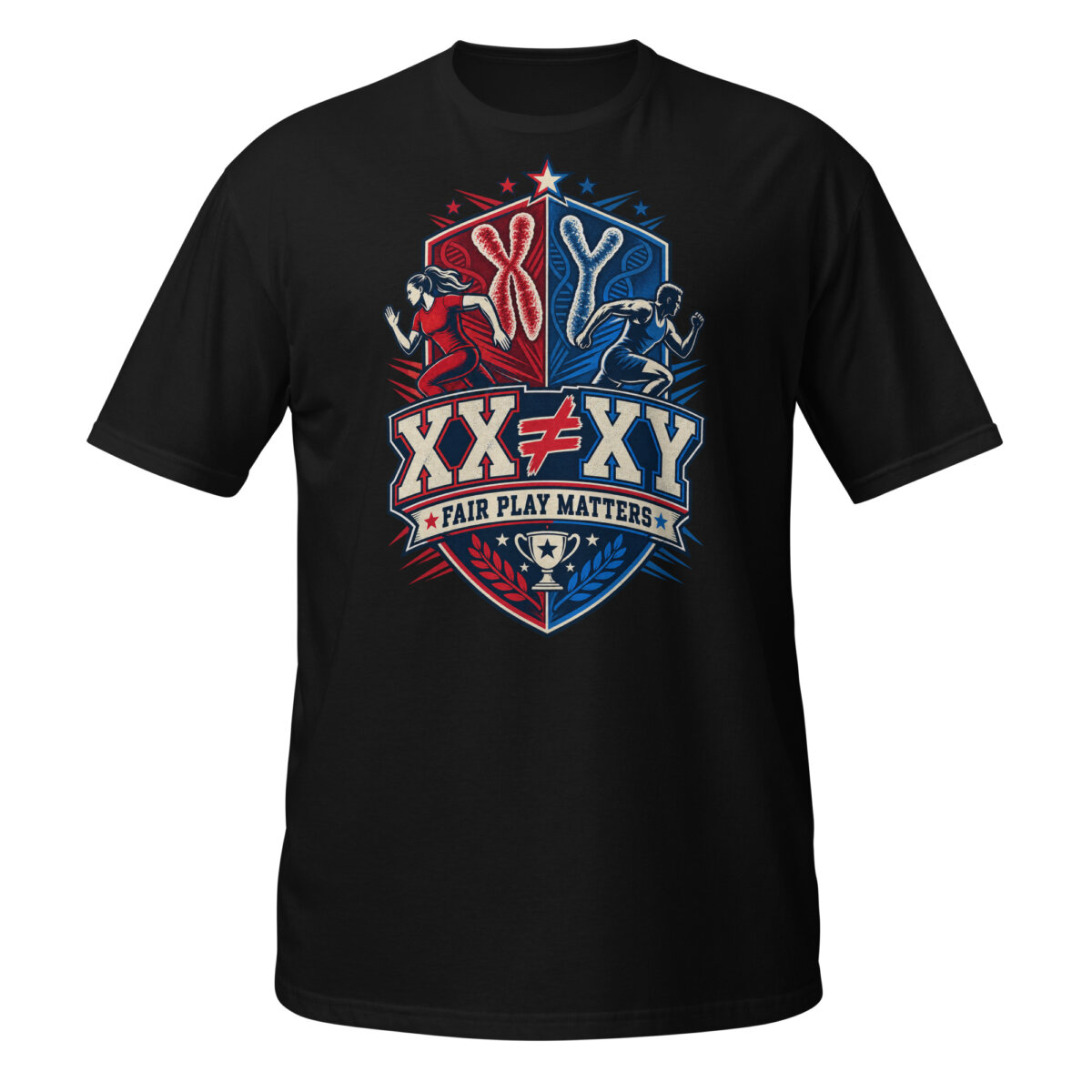 unisex-basic-softstyle-t-shirt-black-front-6ad511d400c4f.jpg Black XX XY shirt featuring a red and blue sports shield, running figures, and Fair Play Matters text